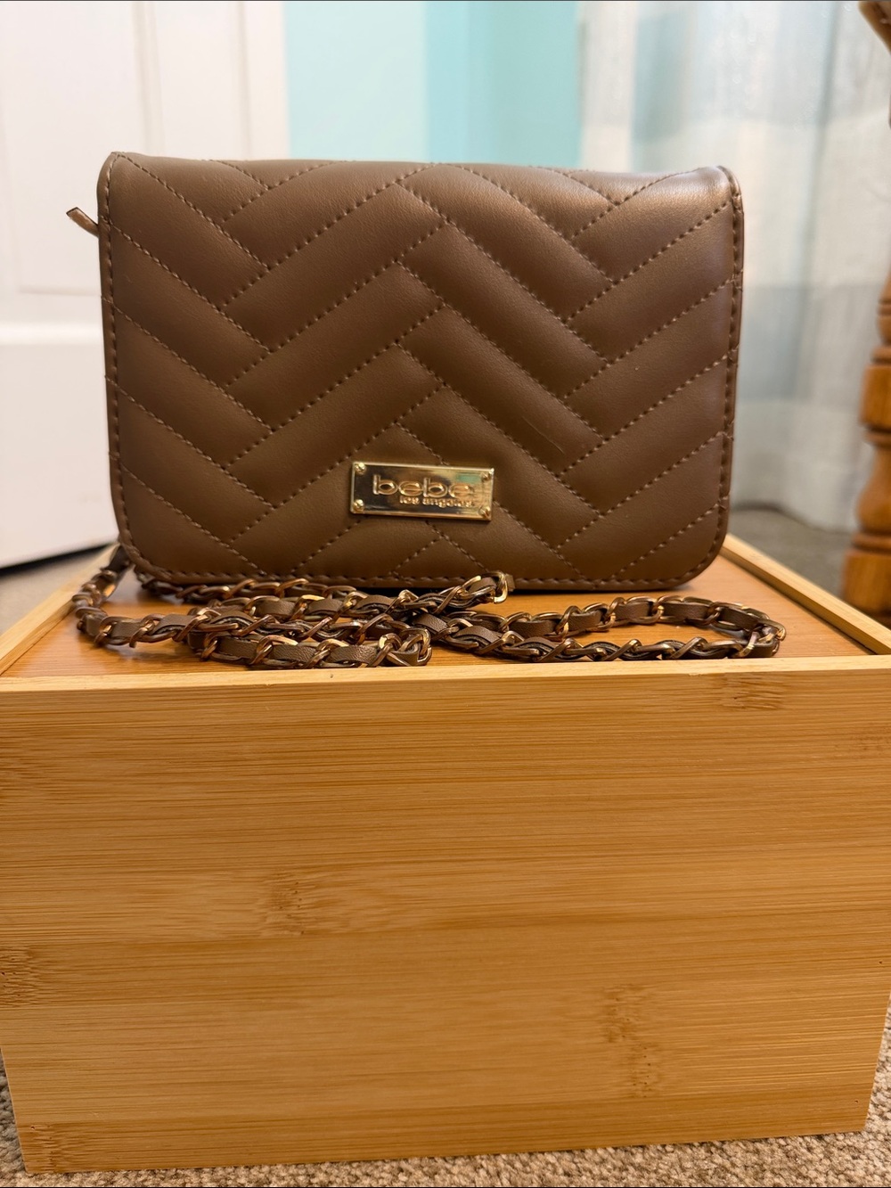 bebe Quilted Crossbody Bag in Brown with Gold Chain